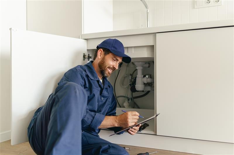Residential plumber reviewing plumbing repairs in a Highland kitchen