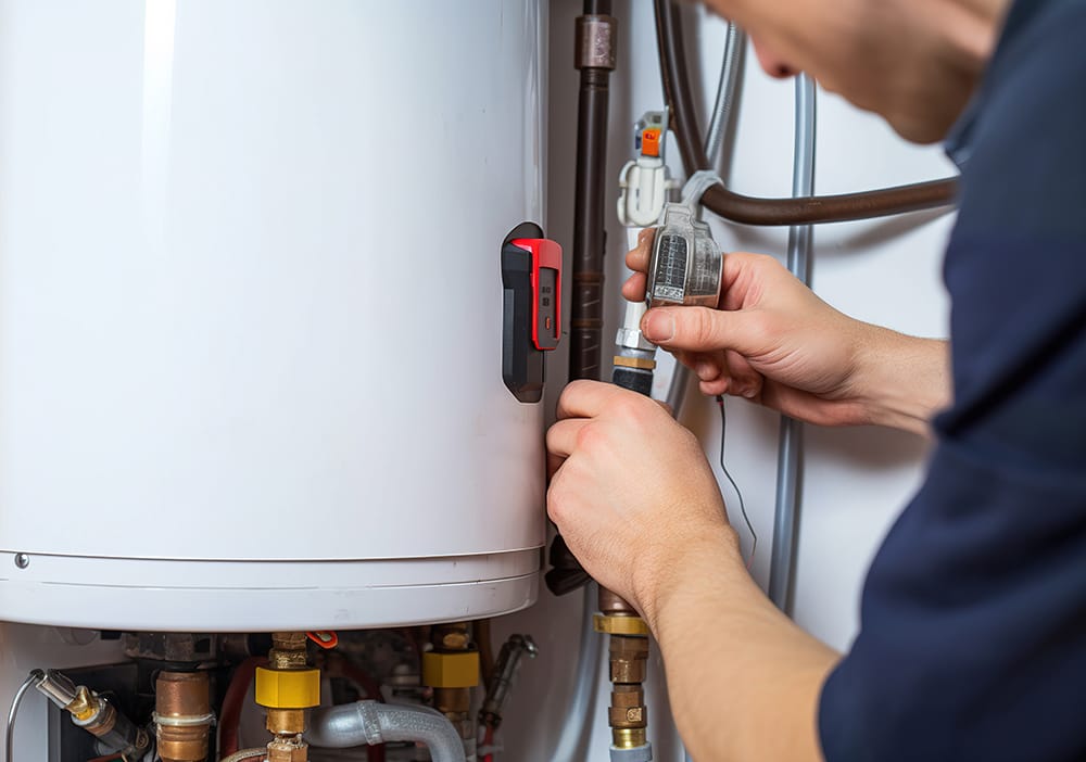 Technician repairing pipes connected to a water heater in Highland